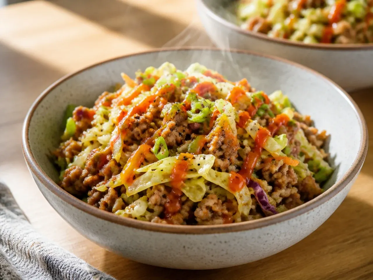 Bag of coleslaw mix being stirred into browned ground pork in a skillet