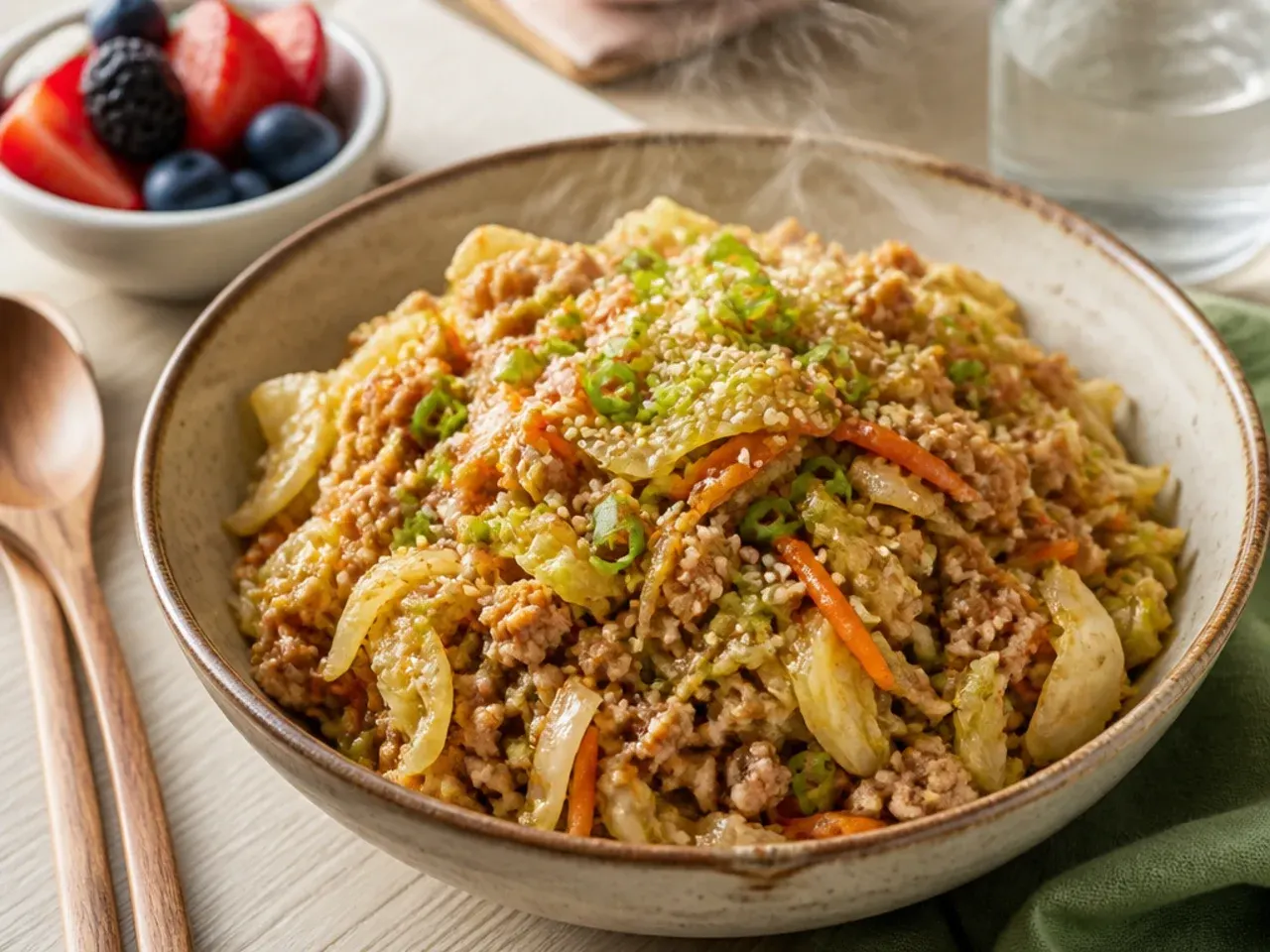 Five simple ingredients laid out for a basic pork egg roll bowl