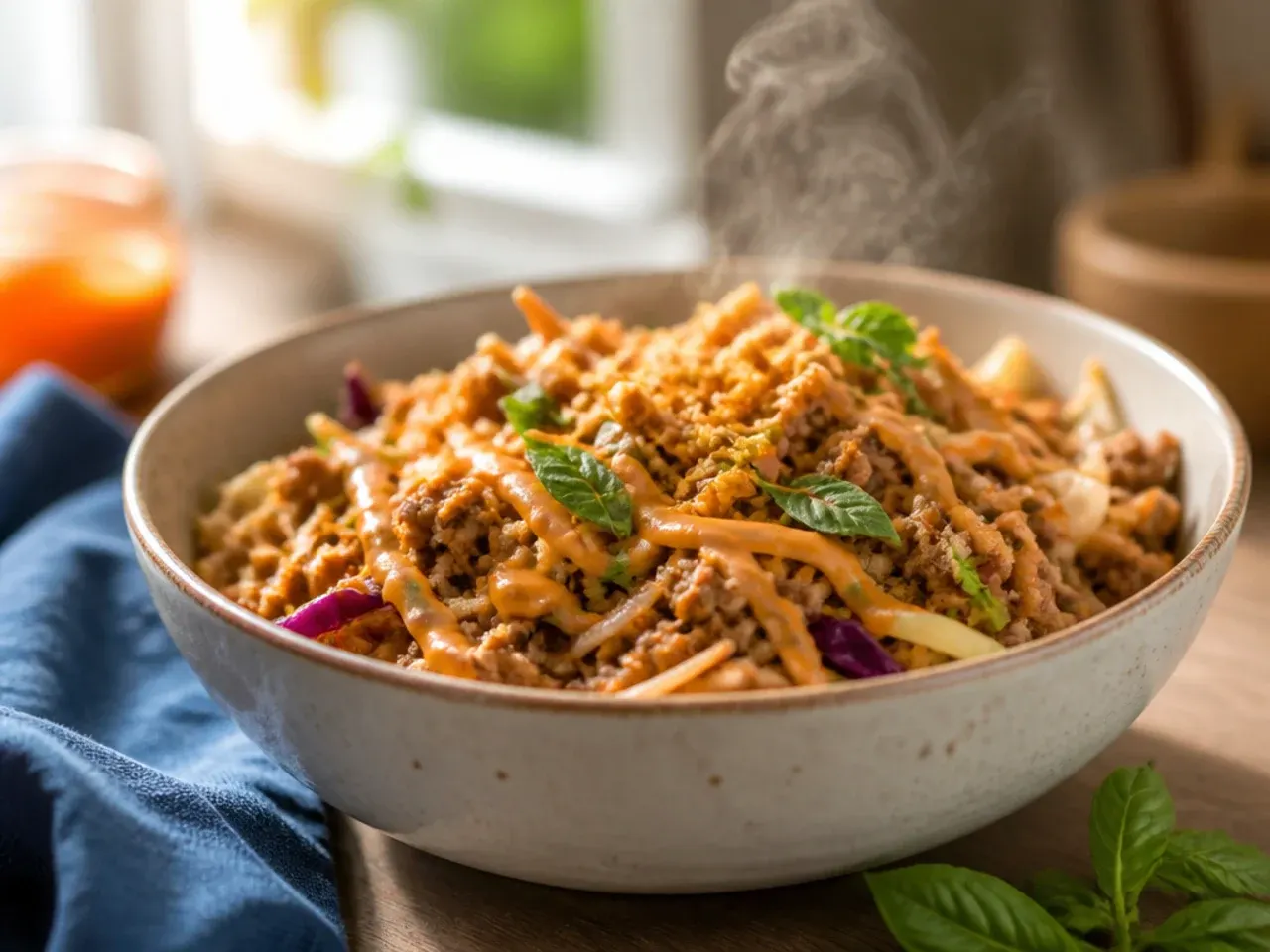 Creamy sriracha mayo sauce being drizzled over a pork egg roll bowl
