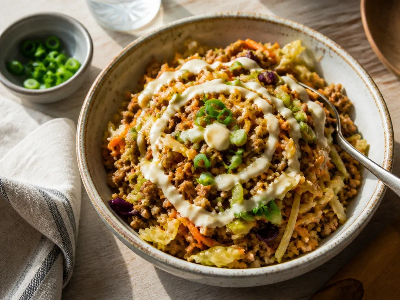 Loaded pork egg roll bowl with bell peppers, mushrooms and edamame