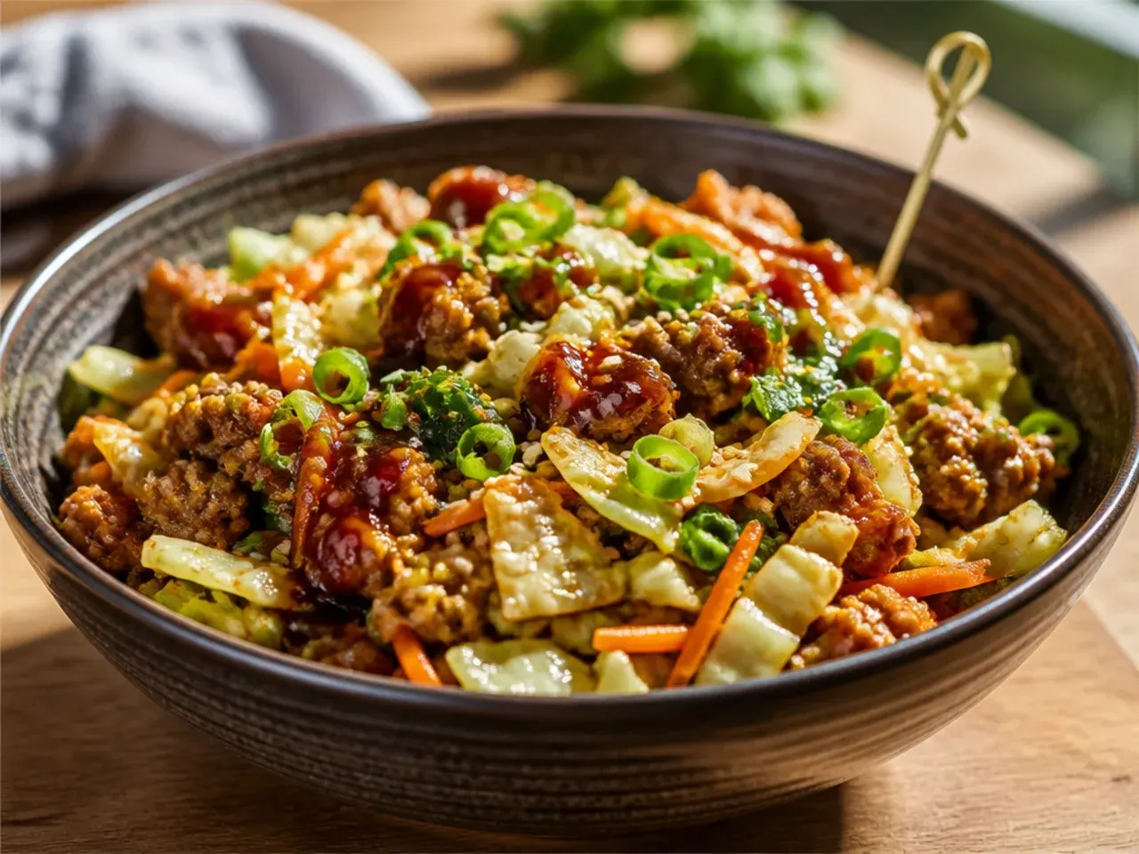 Pork egg roll bowl finished with a second drizzle of chilli crisp sauce