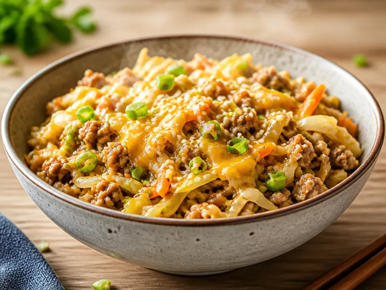 Melted cheddar cheese stirred through a cheesy pork egg roll bowl