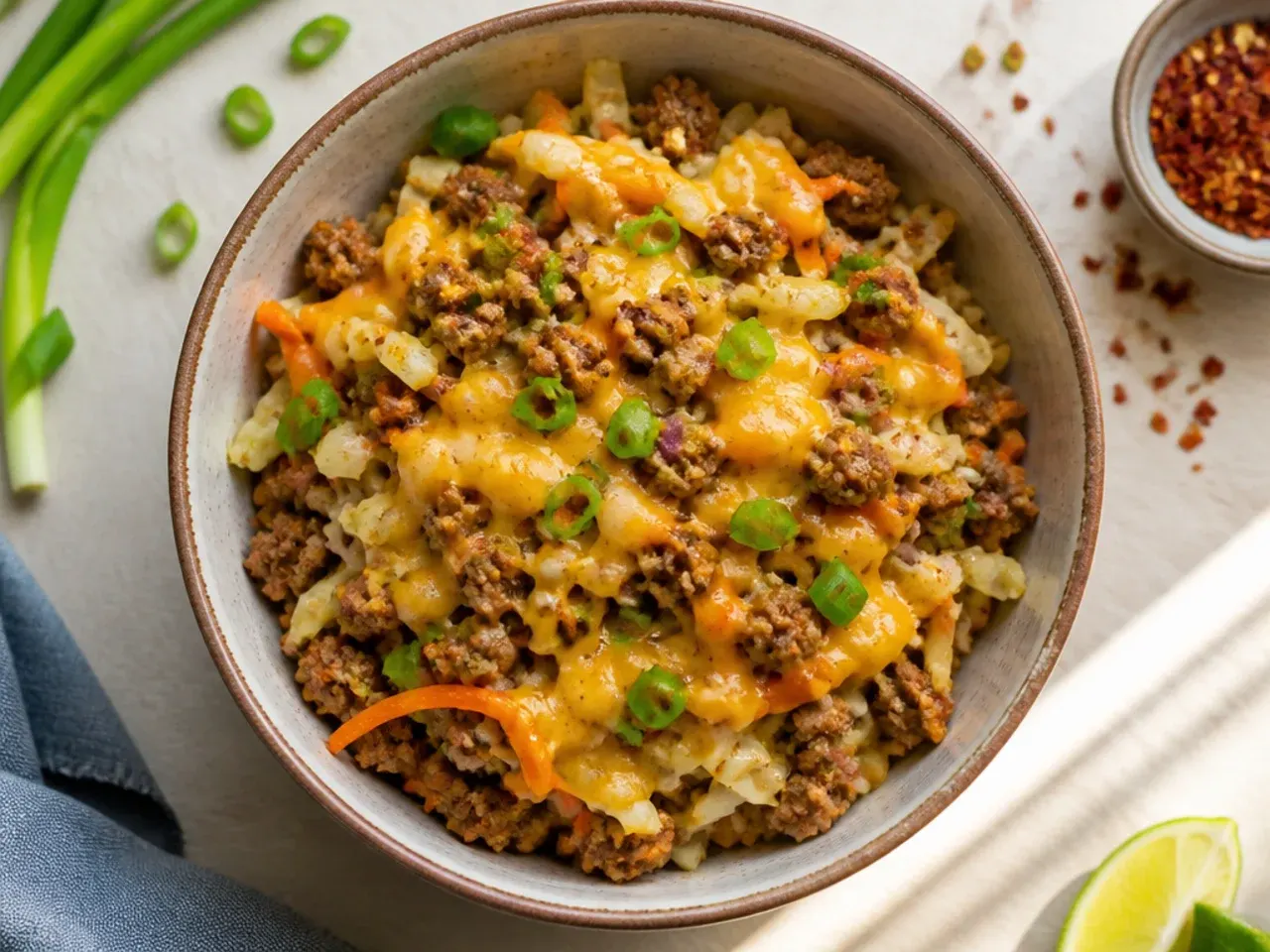 A whole cabbage being shredded next to ground pork for a budget egg roll bowl