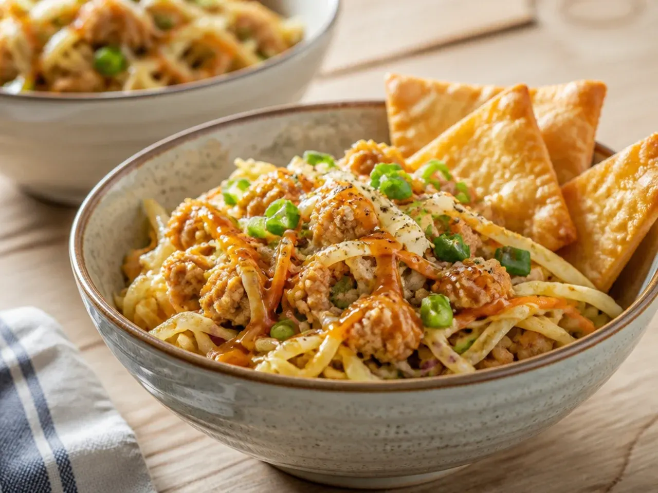 Crispy baked wonton strips scattered over pork egg roll bowls for serving