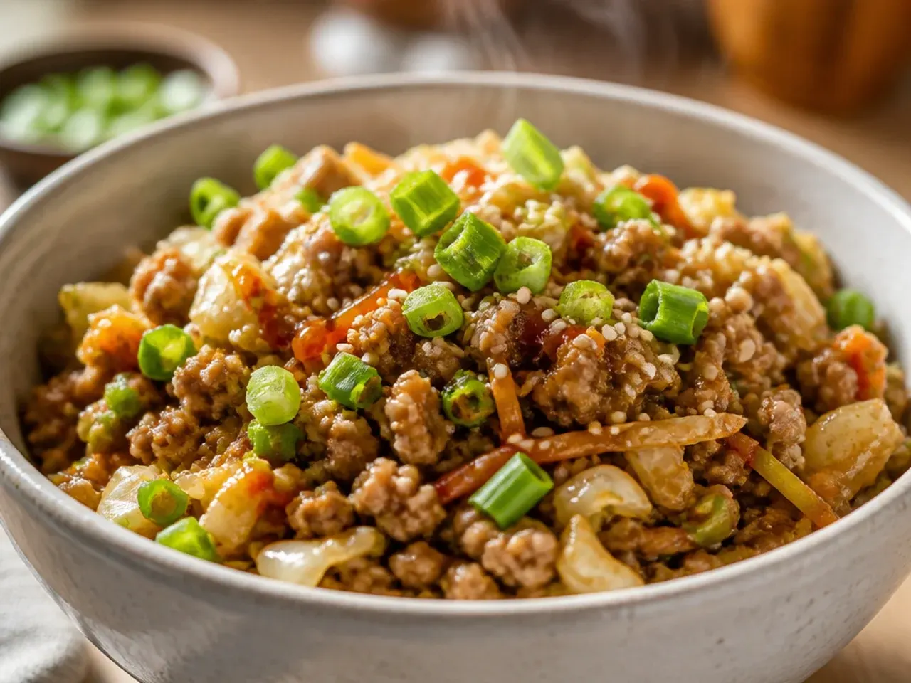 Meal prep containers filled with make-ahead pork egg roll bowl portions