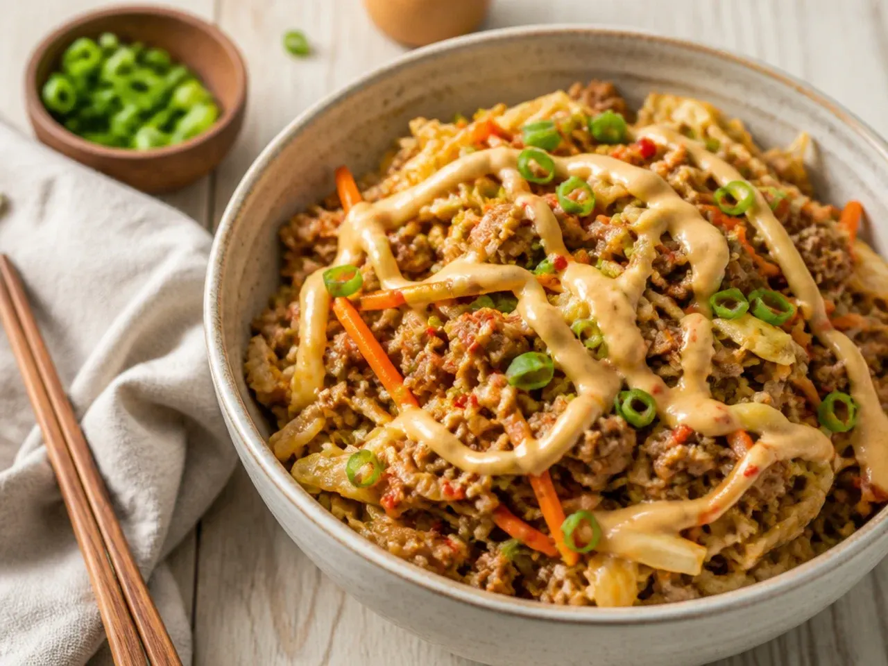 A fast 15-minute pork egg roll bowl made with shortcut pantry ingredients