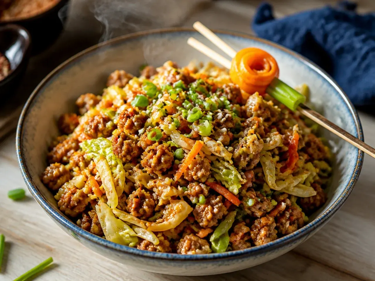 Hand-shredded cabbage and homemade sauce ingredients for a from-scratch pork egg roll bowl