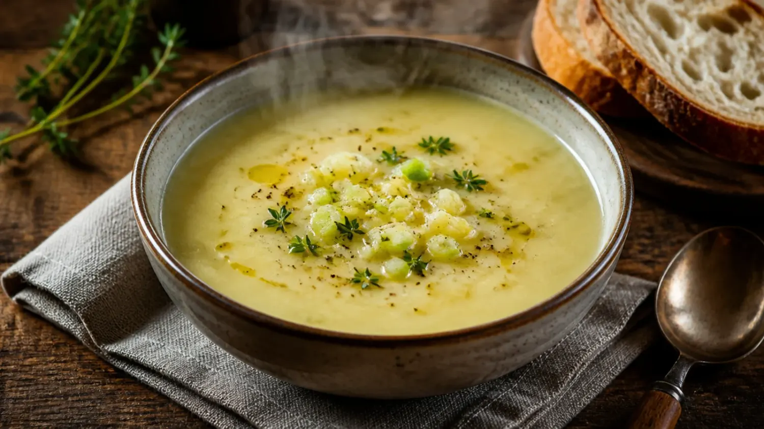 A steaming bowl of creamy potato leek soup topped with a swirl of cream, chopped chives, and cracked black pepper, with crusty bread on the side.