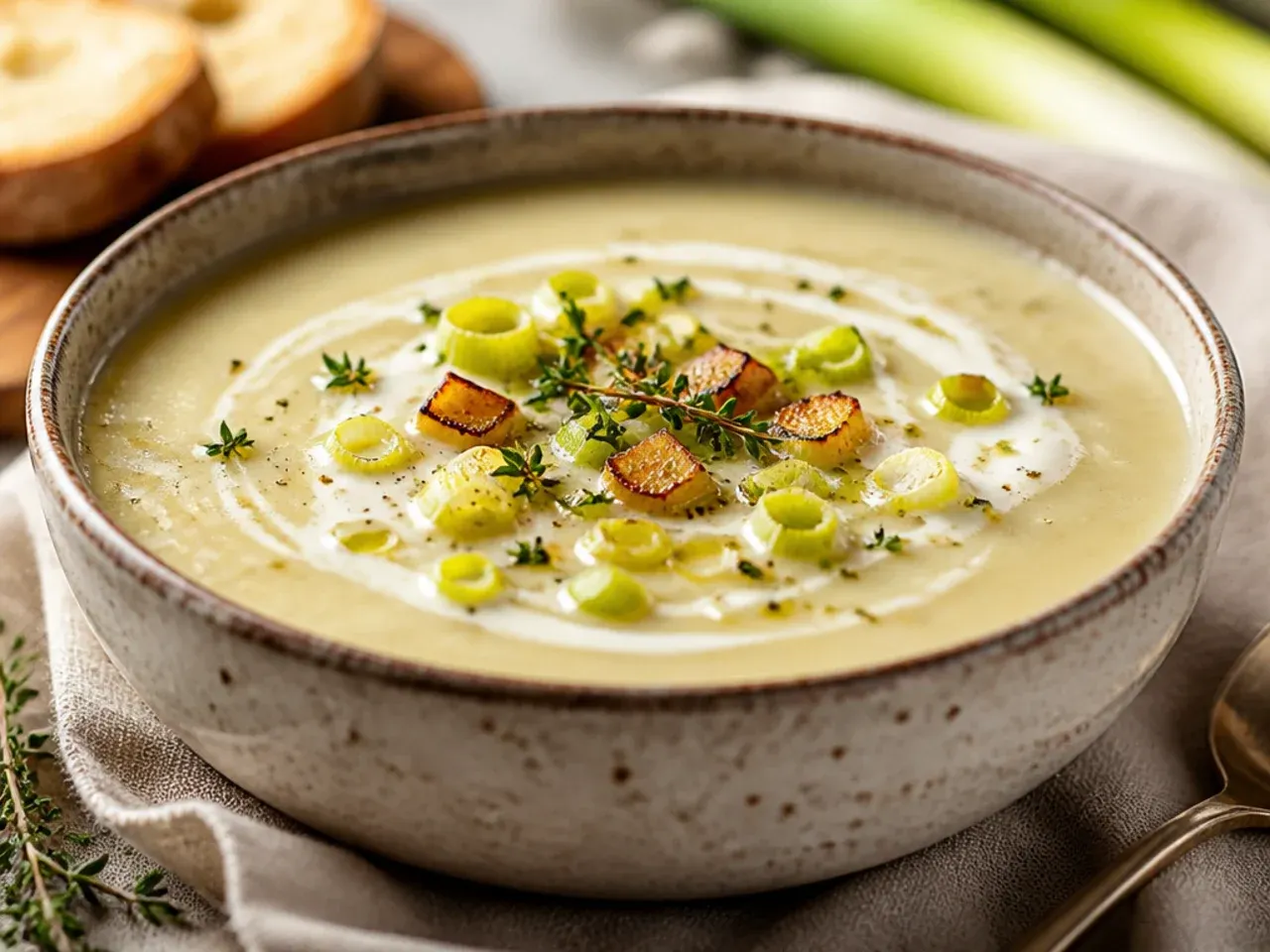 A collage-style overhead shot of a cosy kitchen table set with a pot of potato leek soup, fresh leeks, and potatoes.
