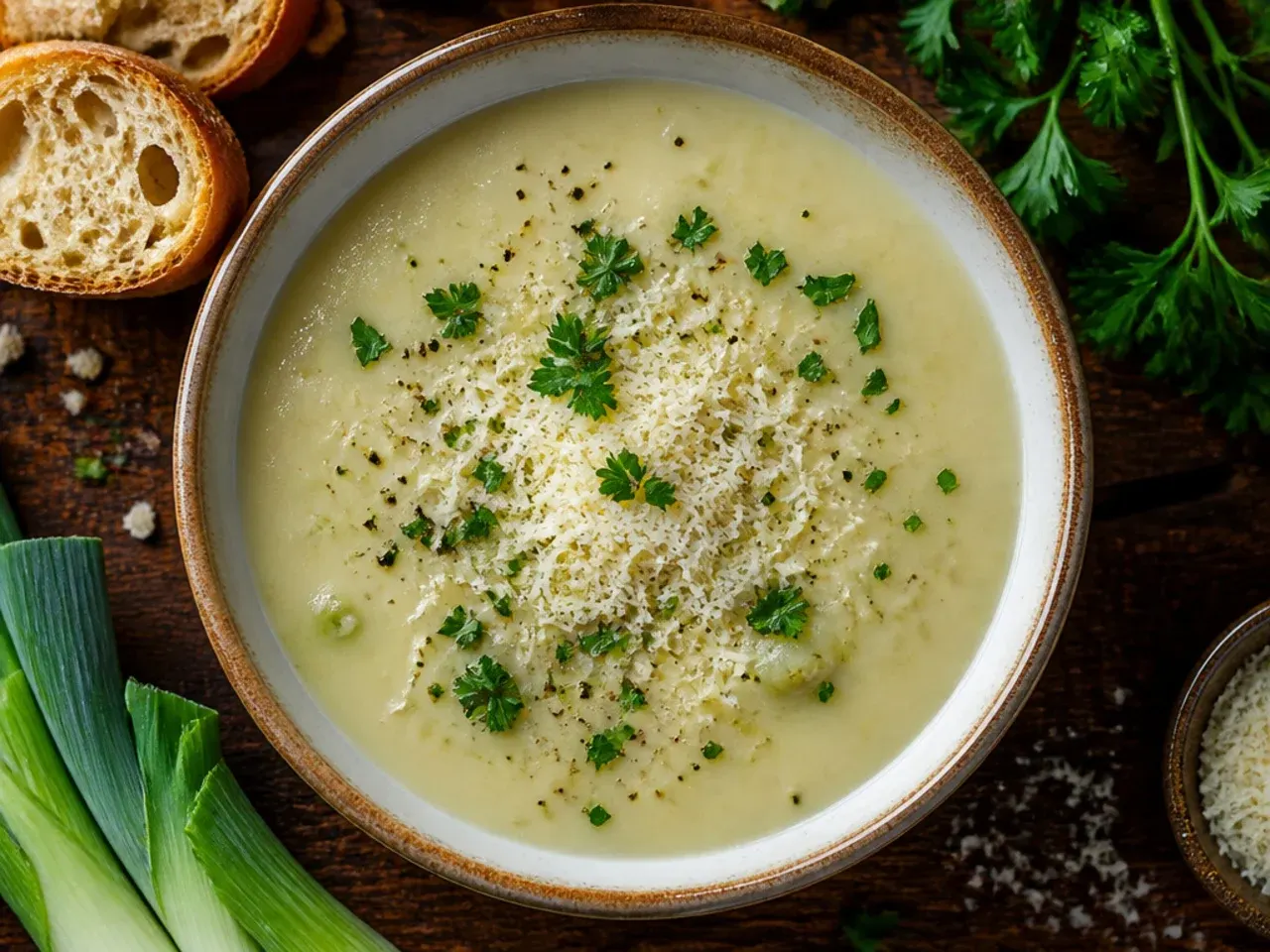 A classic bowl of pale, silky potato leek soup garnished simply with chives and a swirl of cream.