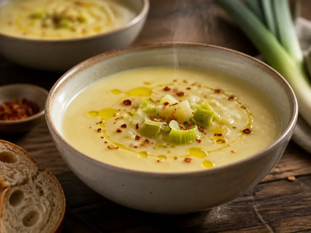 A quick weeknight bowl of potato leek soup with a slightly chunky, mashed texture.