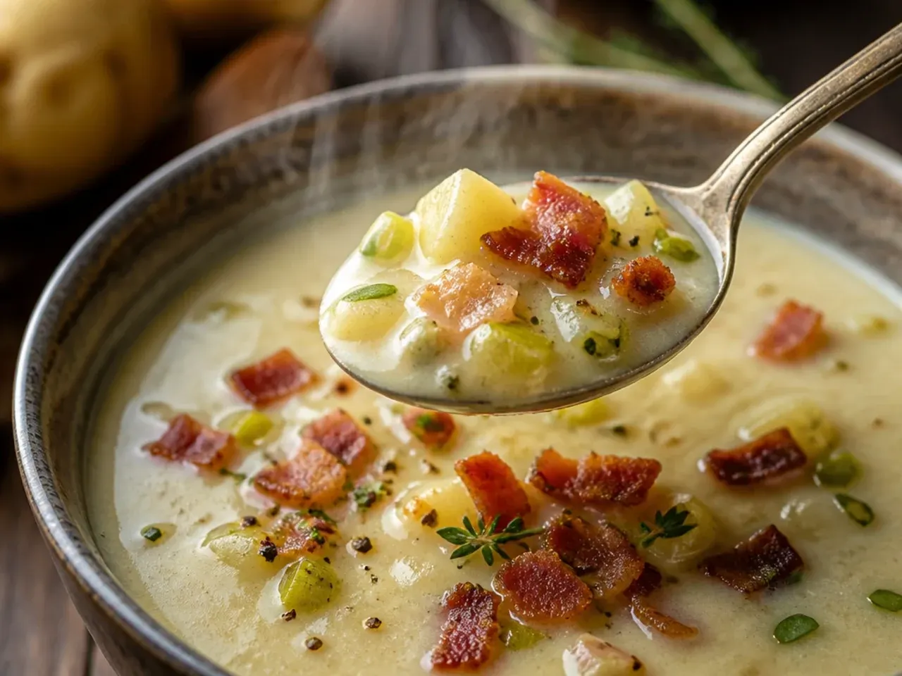 A hearty bowl of potato leek soup topped with crispy bacon bits and cracked pepper.