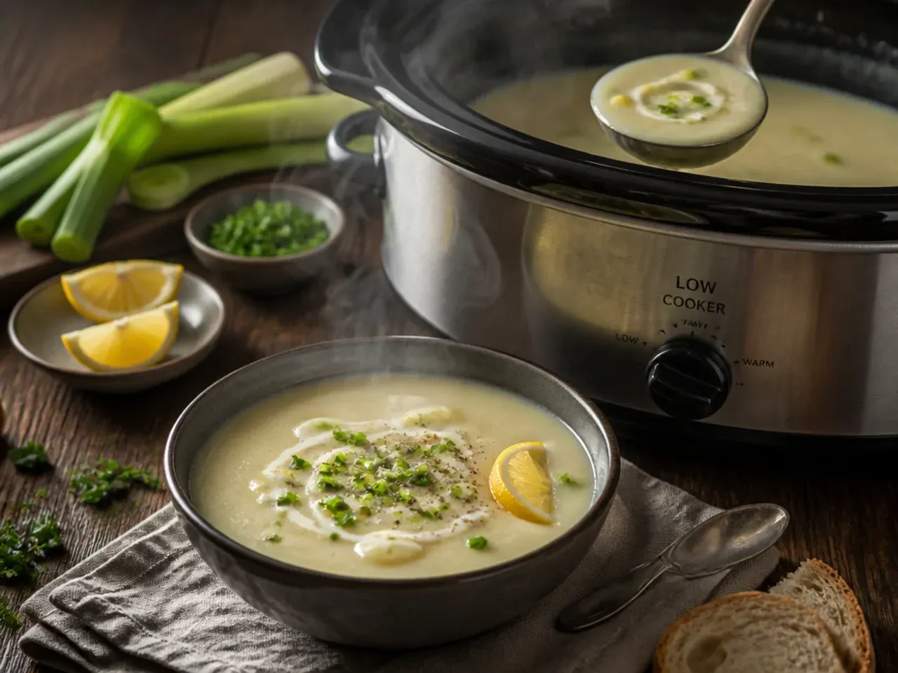 A slow cooker filled with simmering potato leek soup, steam rising, ready to be blended.