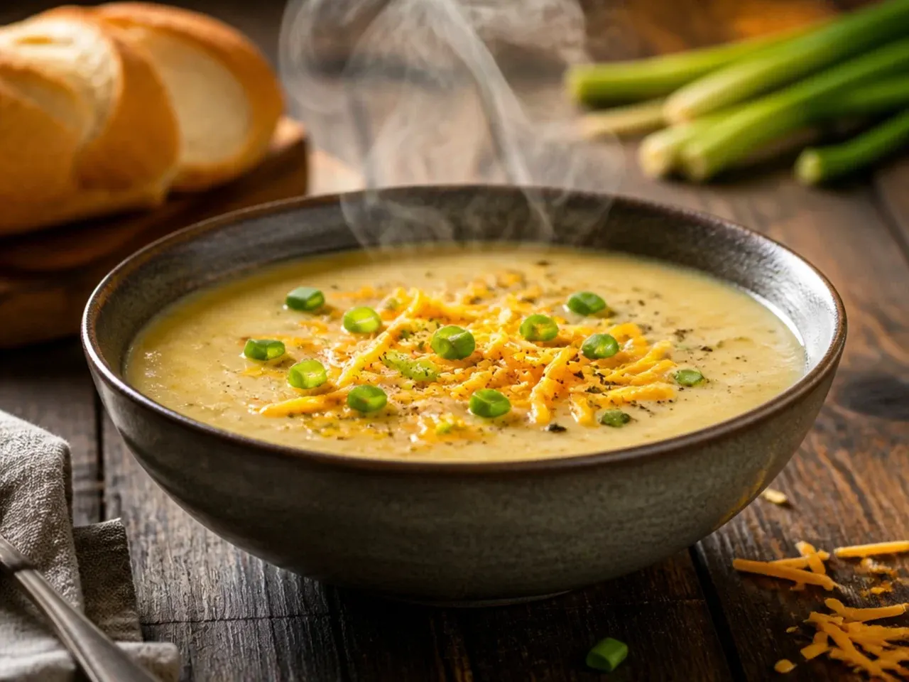 Close-up of ultra-smooth, glossy potato leek soup being poured from a ladle into a bowl.