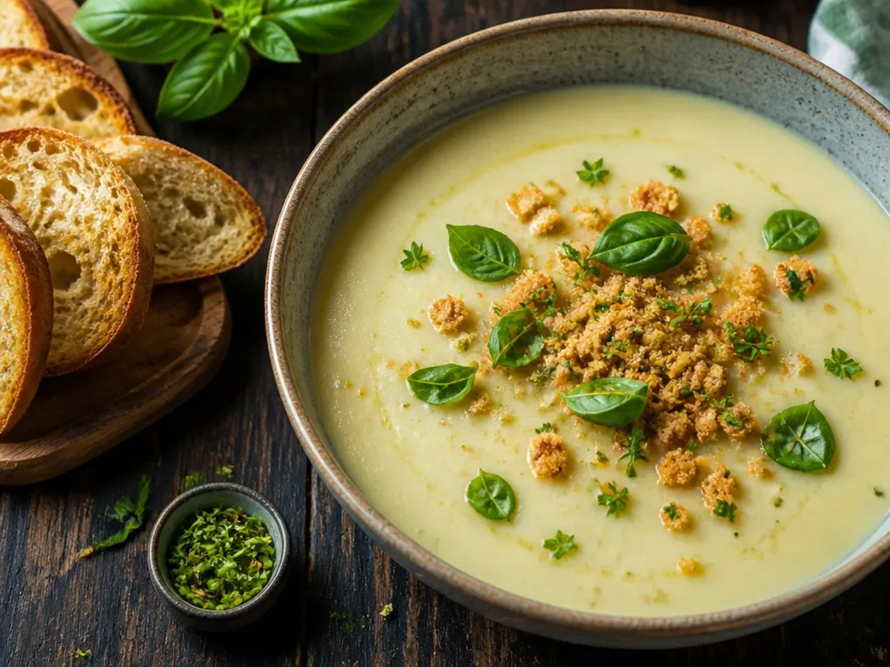 A minimalist bowl of simple, dairy-free potato leek soup with a drizzle of olive oil.