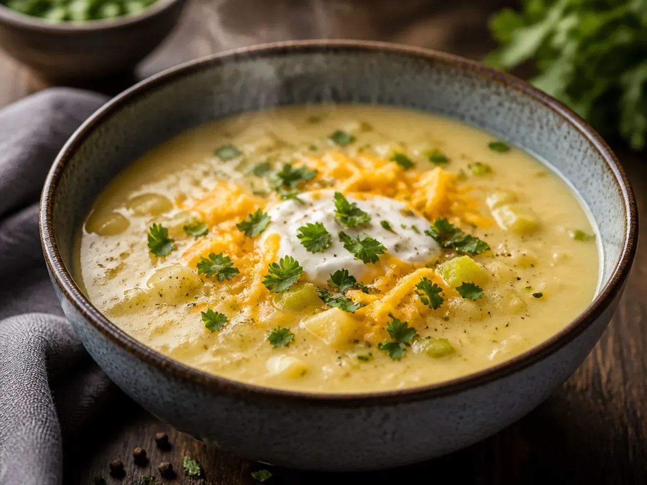 A bowl of golden, cheesy potato leek soup with melted cheddar swirled through it.