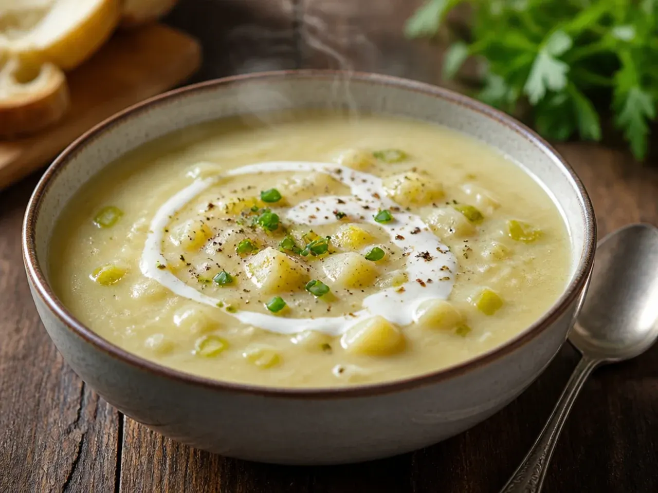 A hearty bowl of potato leek soup with shredded chicken stirred through it.