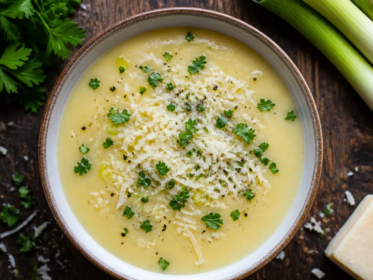 A simple, humble bowl of budget potato leek soup with a spoon resting in it.