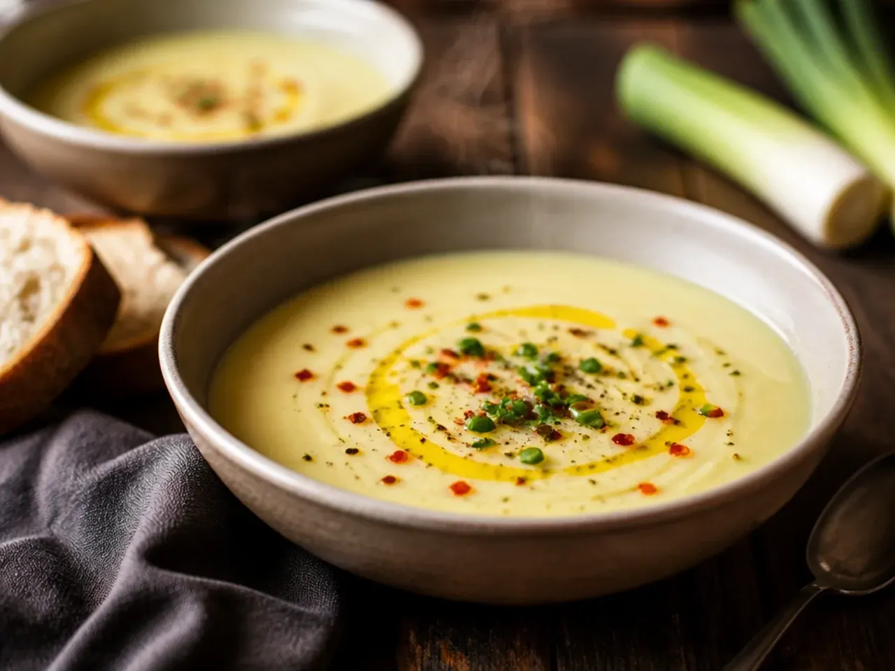 An electric pressure cooker open with freshly cooked potato leek soup inside, ready to blend.