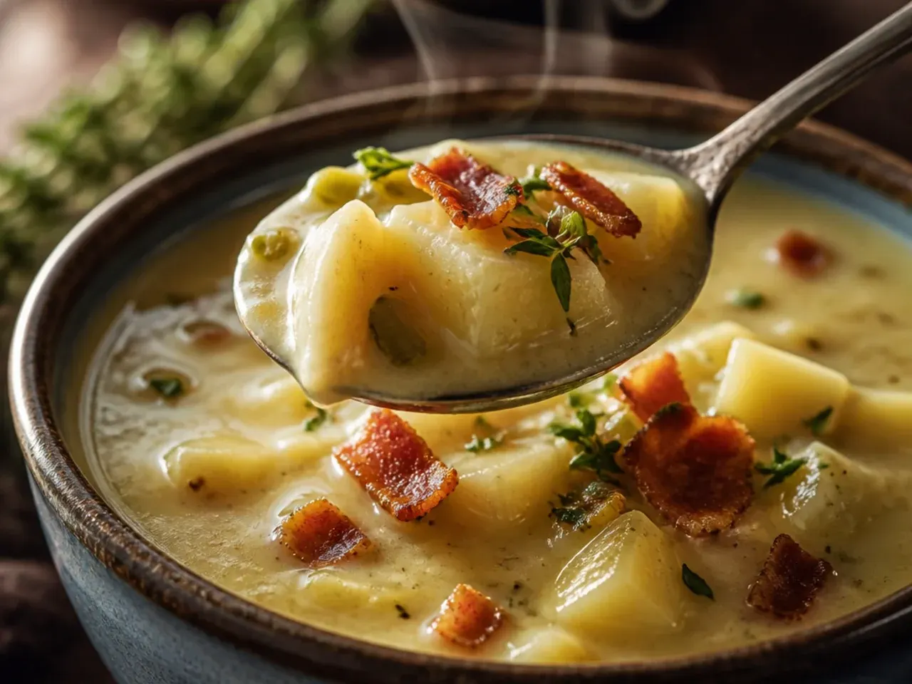 A rustic, chunky bowl of unblended potato leek soup with visible potato and leek pieces.