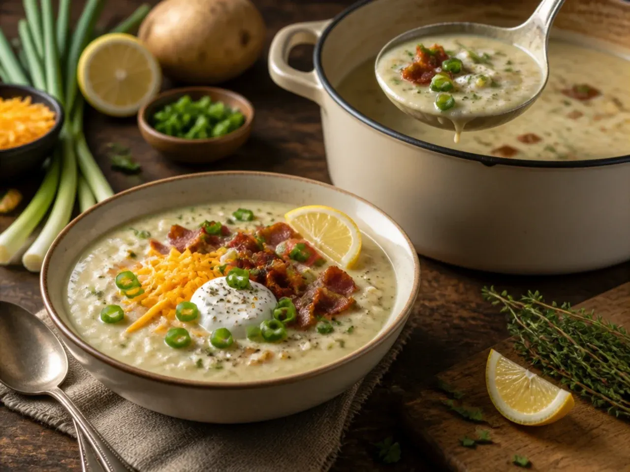 A loaded bowl of potato leek soup topped with bacon, cheddar, sour cream, and spring onions.