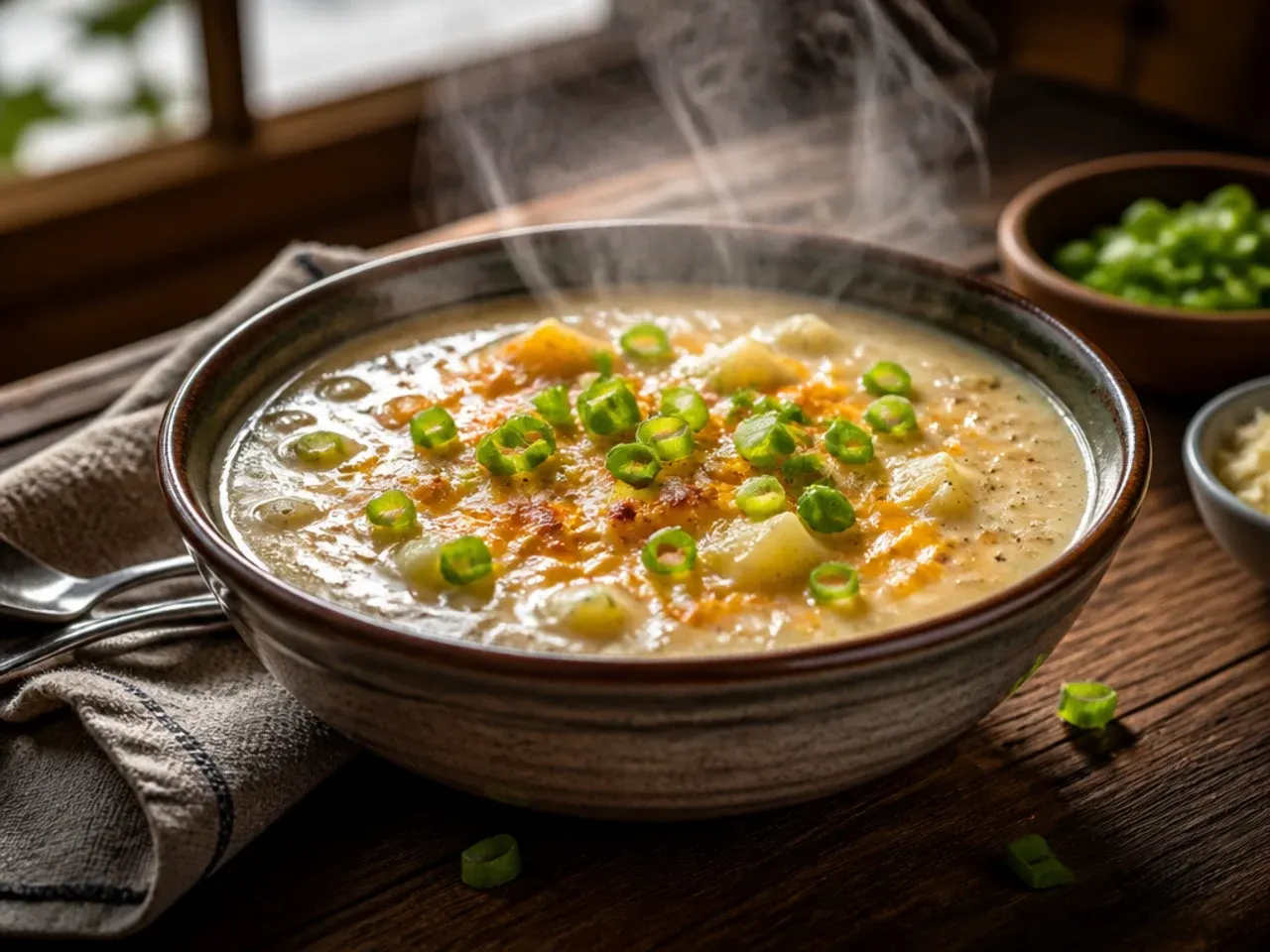 A large stockpot of potato leek soup with a ladle, sized for a big family batch.