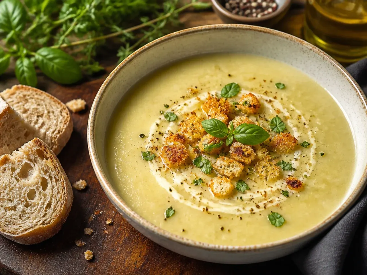 An elegant, glossy bowl of restaurant-style potato leek soup with a fine drizzle of cream.