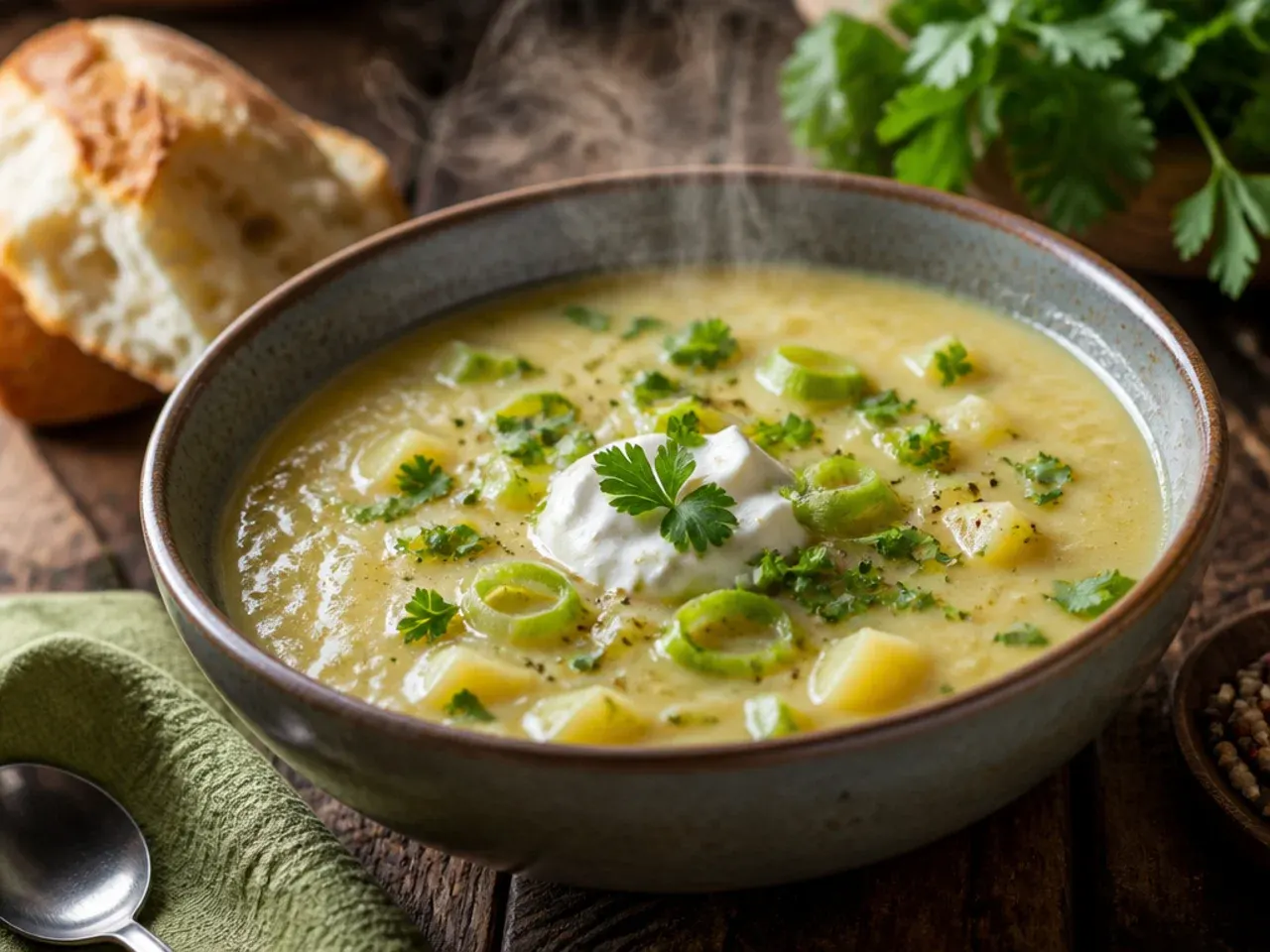 A Dutch oven filled with finished potato leek soup, an immersion blender resting beside it.