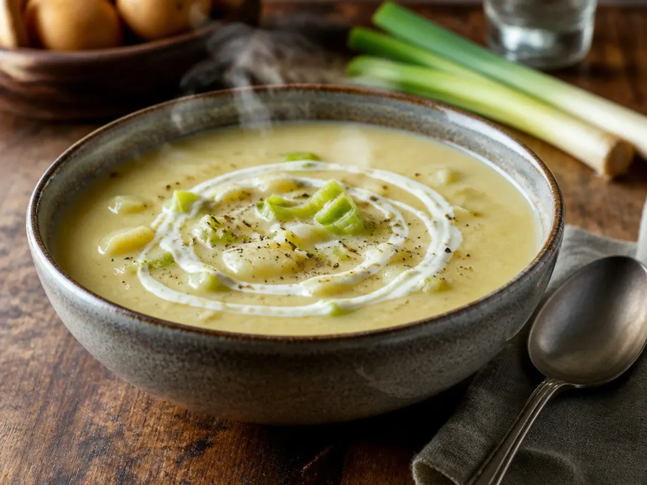 A vegan bowl of potato leek soup finished with olive oil and black pepper, no dairy in sight.