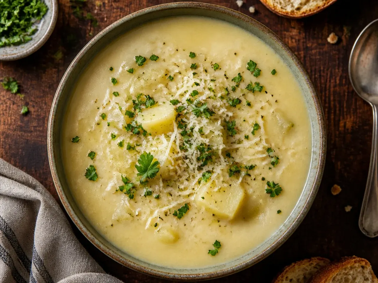 A creamy dairy-free potato leek soup made with coconut milk, garnished with lime.