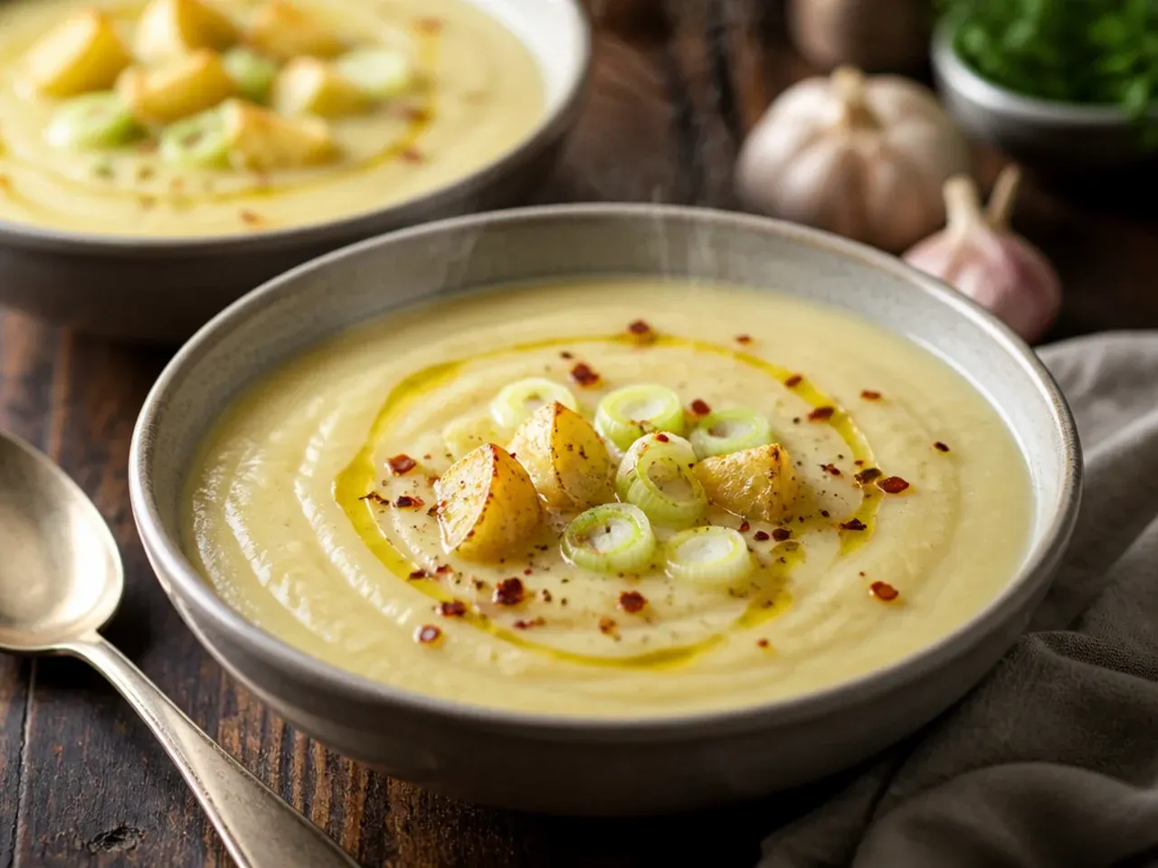 A head of roasted garlic beside a bowl of golden-hued potato leek soup.