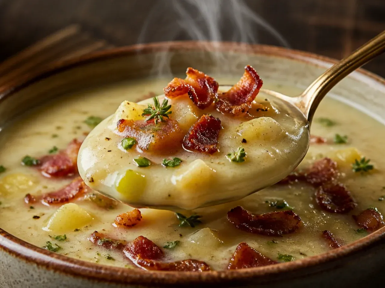 A bowl of pale potato leek soup topped with crispy smoked bacon lardons and paprika oil.