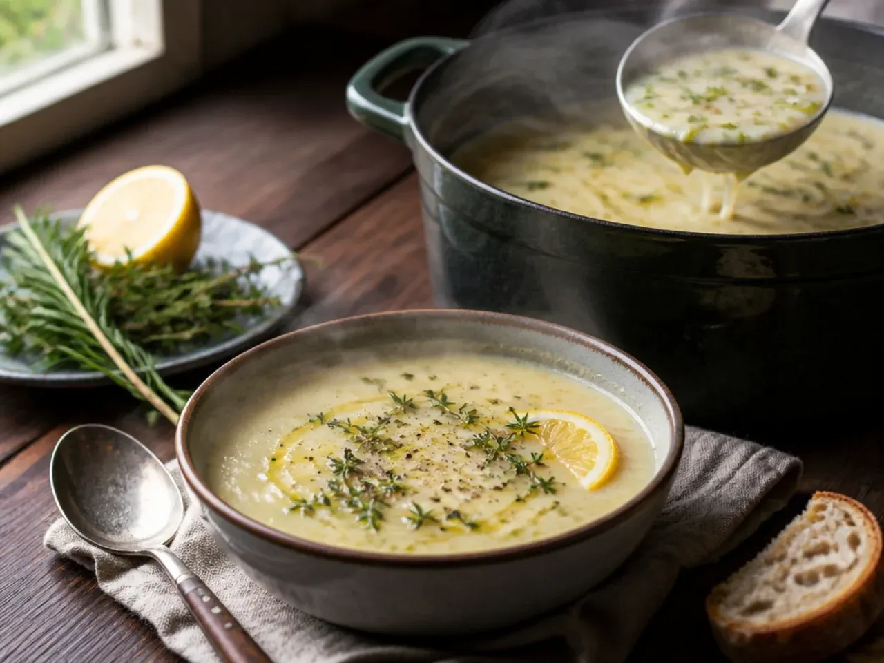 A bowl of herb-infused potato leek soup garnished with fresh thyme leaves.