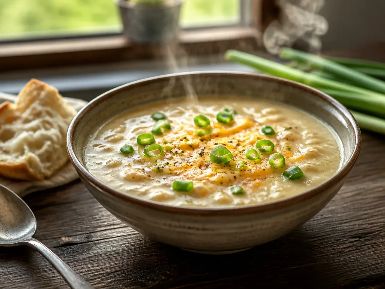 A farmhouse-style bowl of potato leek soup with a creamy base and visible chunky pieces.