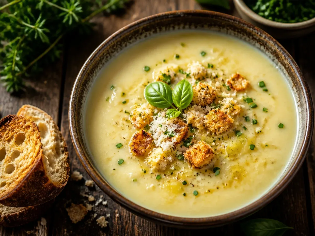 A bowl of potato leek soup topped with grated Parmesan and a shower of fresh chives.