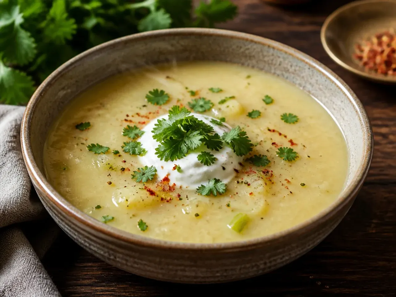 A bowl of potato leek soup with a bright red swirl of chilli oil on top.