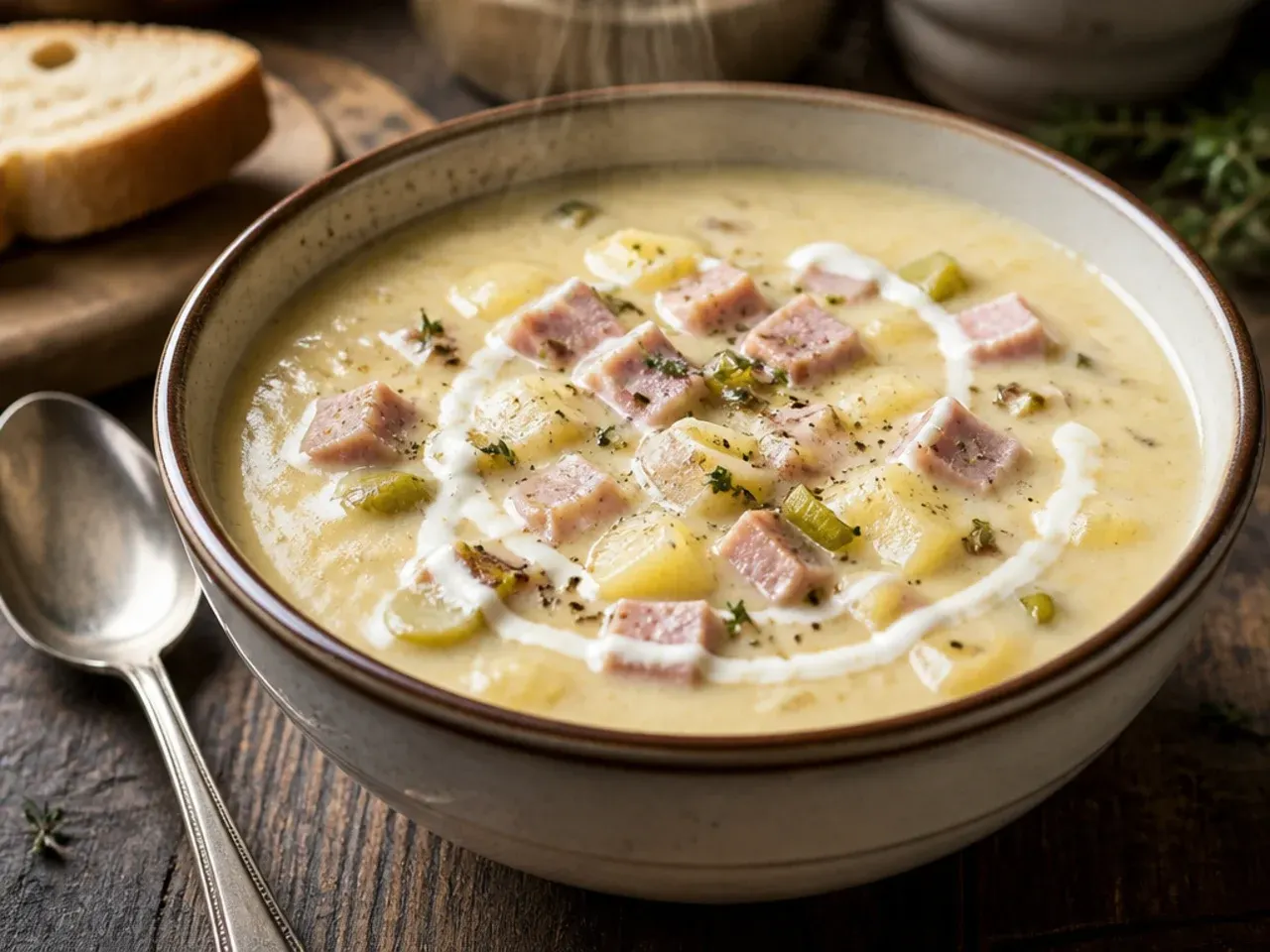 A bowl of potato leek soup studded with diced leftover ham.