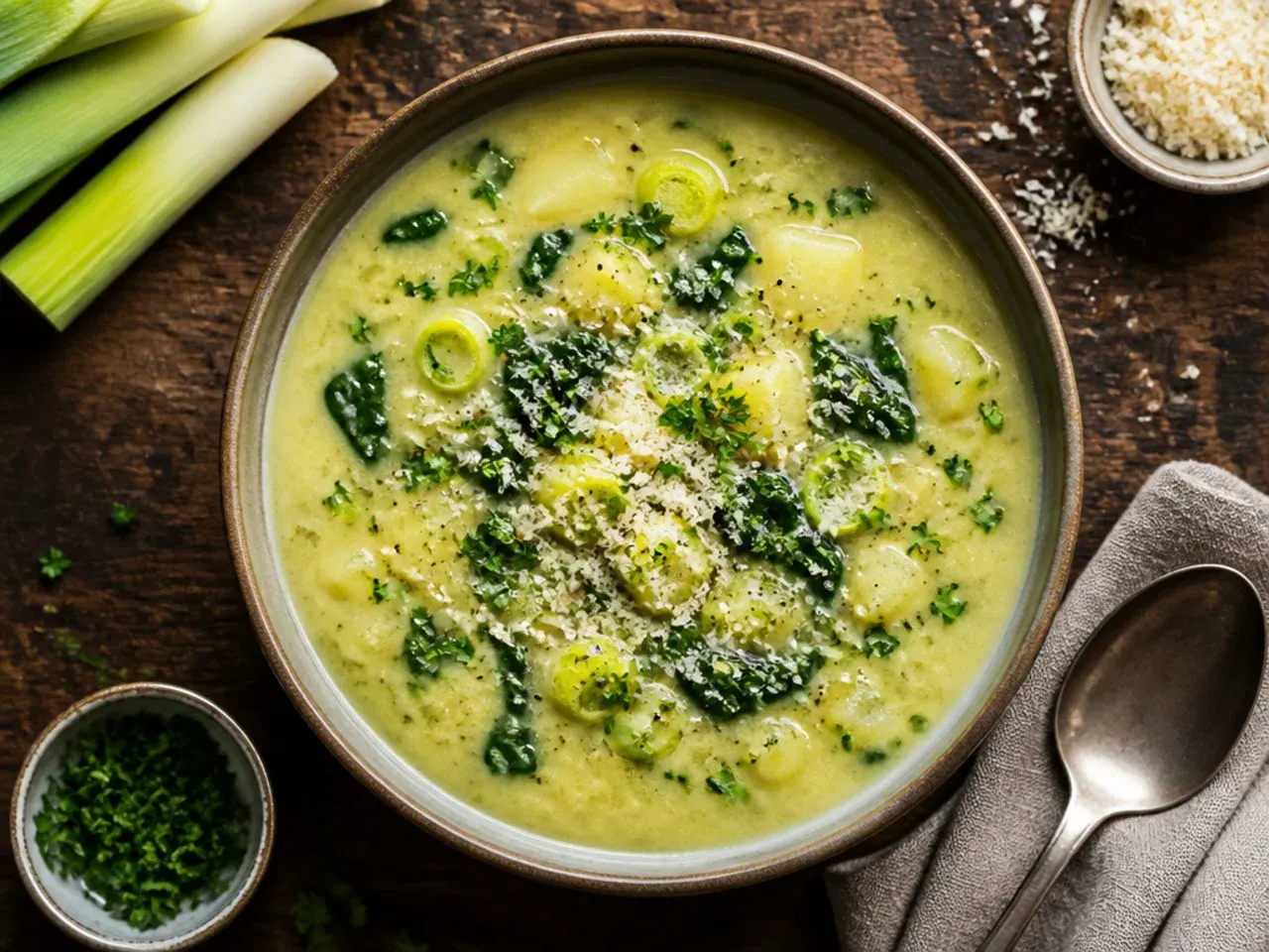 A vivid green bowl of potato leek soup made with wilted spinach or watercress.