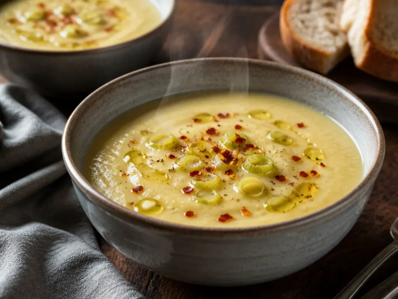 An elegant bowl of sherry-infused potato leek soup served in a wide dish for entertaining.