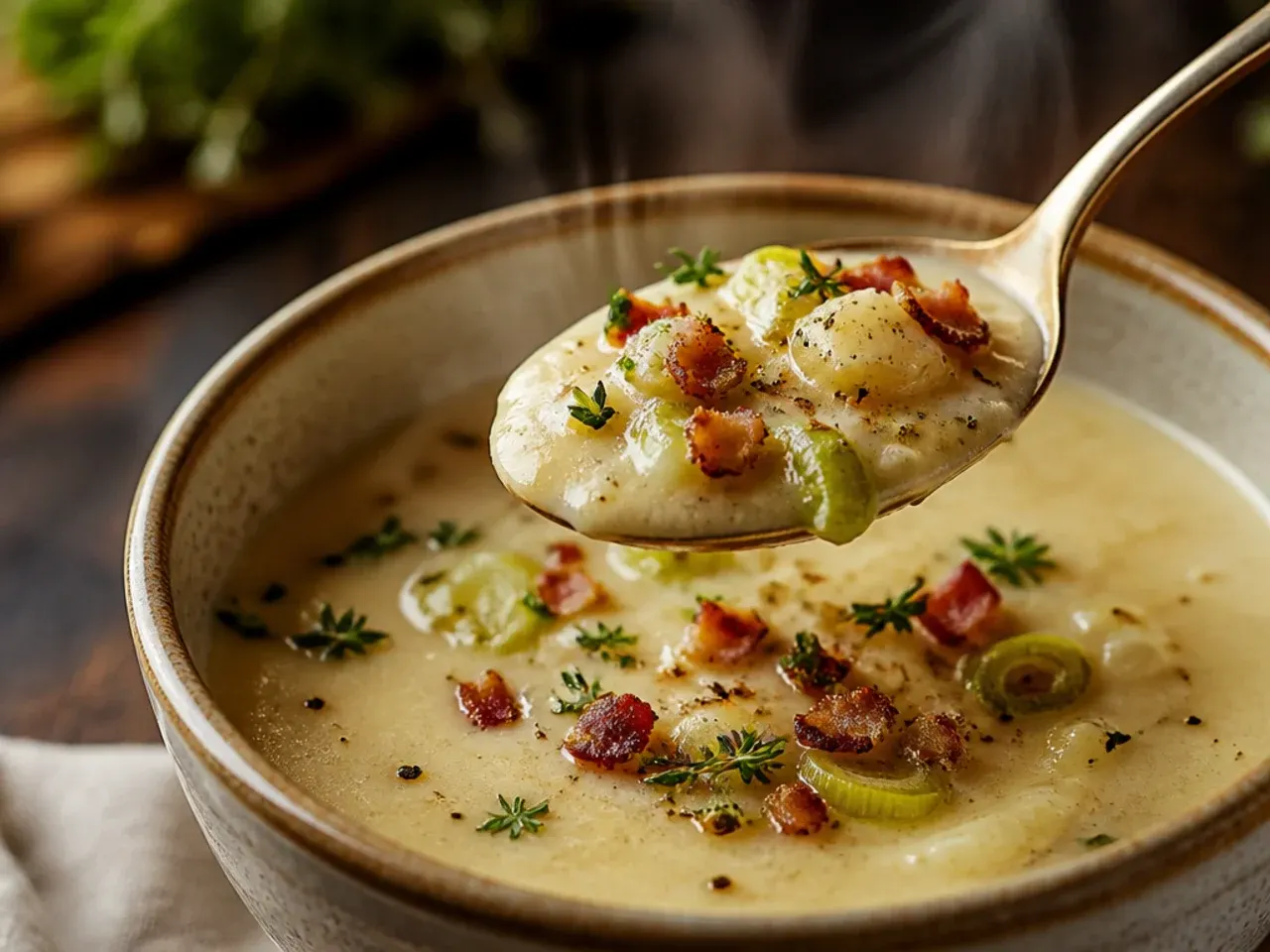 A creamy bowl of low-carb potato leek and cauliflower soup, indistinguishable from the classic.