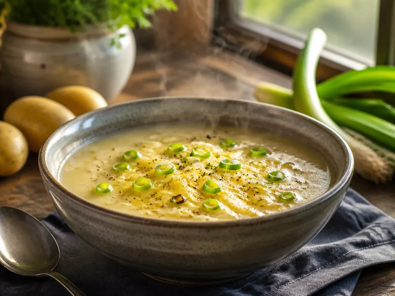 A chilled bowl of pale vichyssoise soup with a cream swirl, served on a warm day.