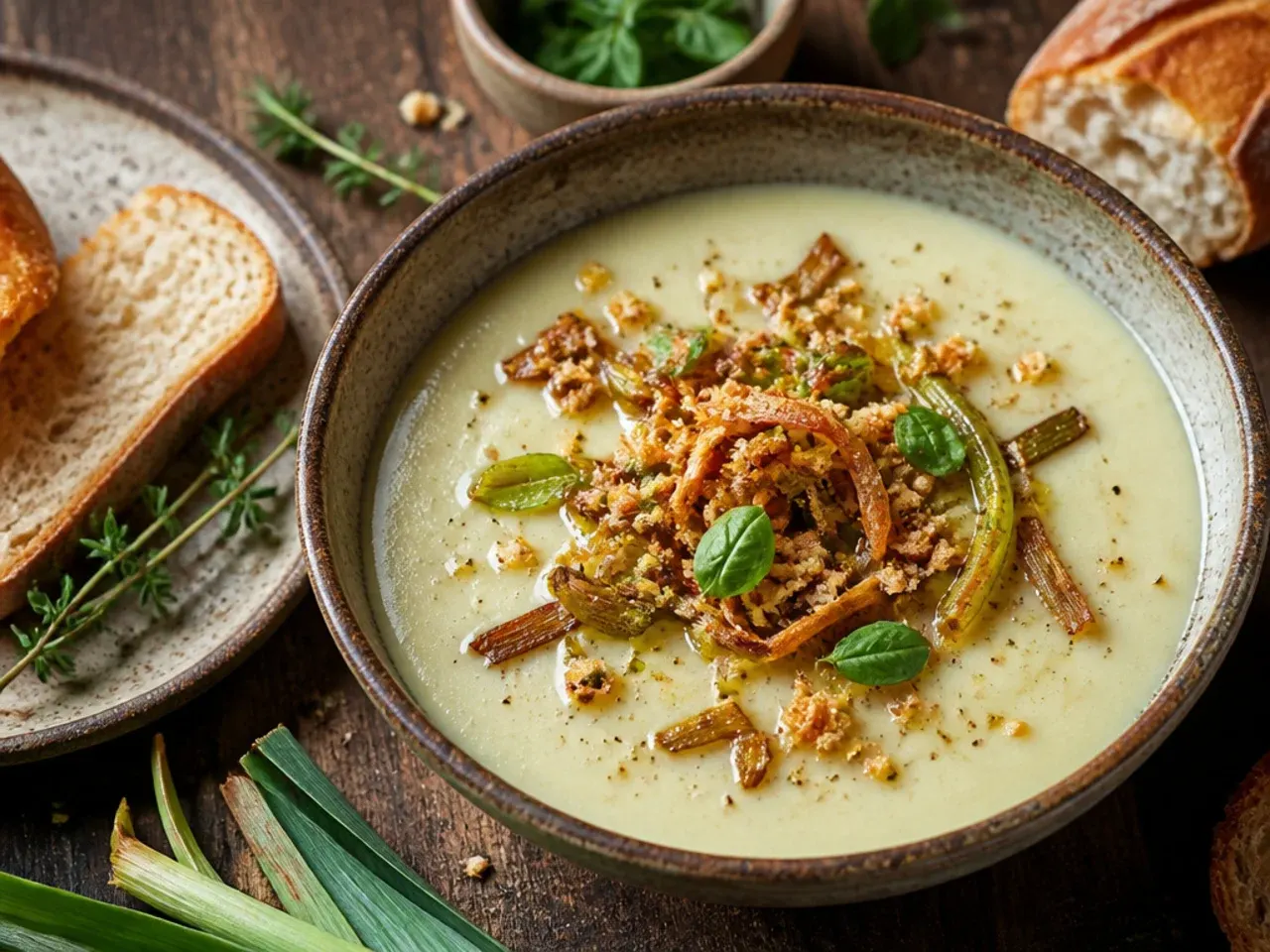 A bowl of potato leek soup topped with a pile of crispy, golden fried leek strips.