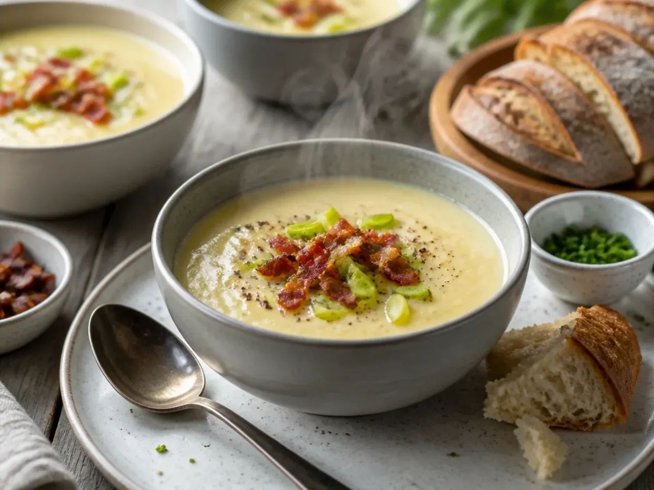 A table set with bowls of potato leek soup, crusty bread, and a simple green salad.