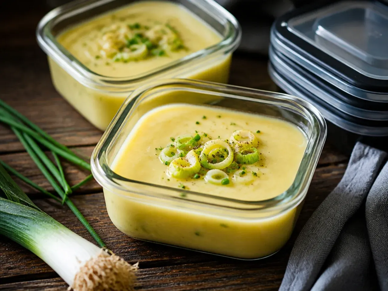 A glass airtight container of potato leek soup being labelled for the fridge or freezer.