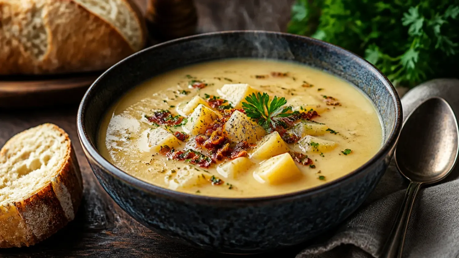 Overhead shot of a bowl of creamy potato soup topped with crispy bacon, grated cheddar and sliced spring onions, steam rising from the bowl