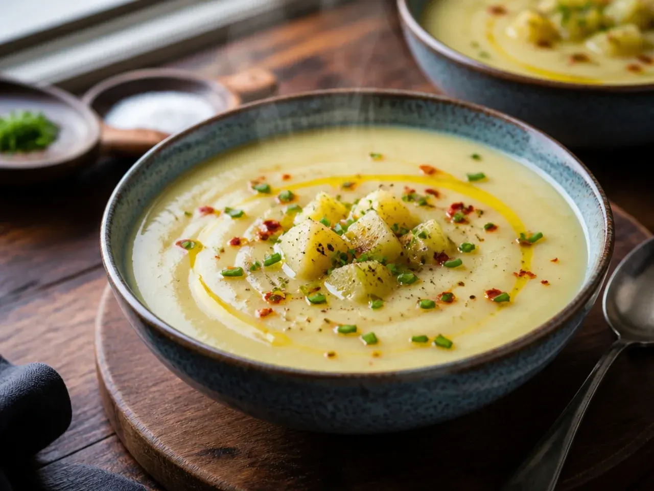 Hand sprinkling salt from fingertips over a pot of simmering soup