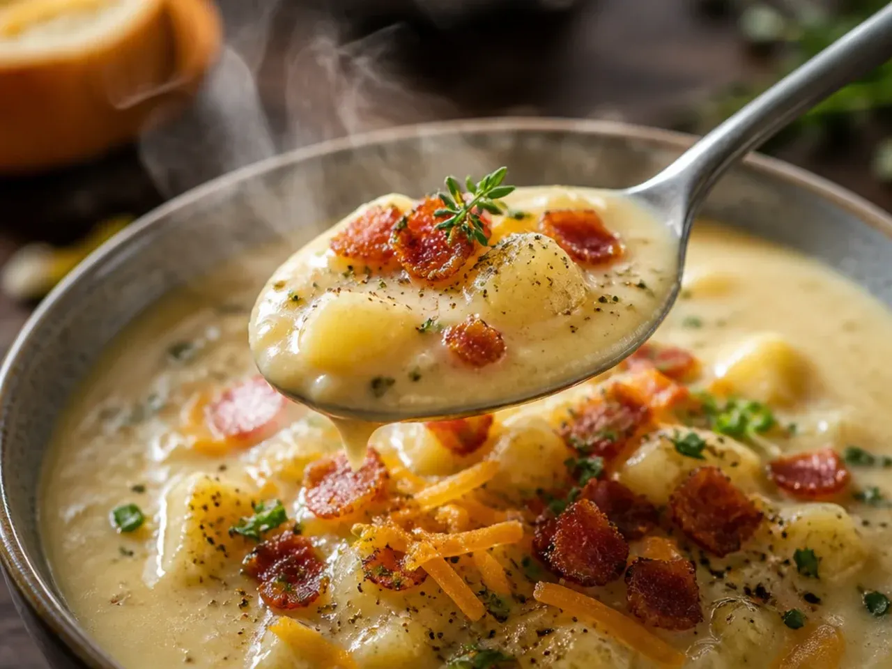 Pot of soup gently simmering on the stove with small bubbles breaking the surface