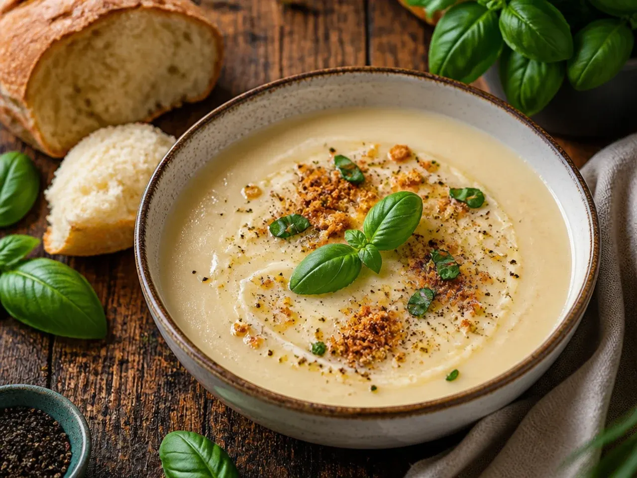 Small jug of warmed cream being poured into a pot of soup off the heat