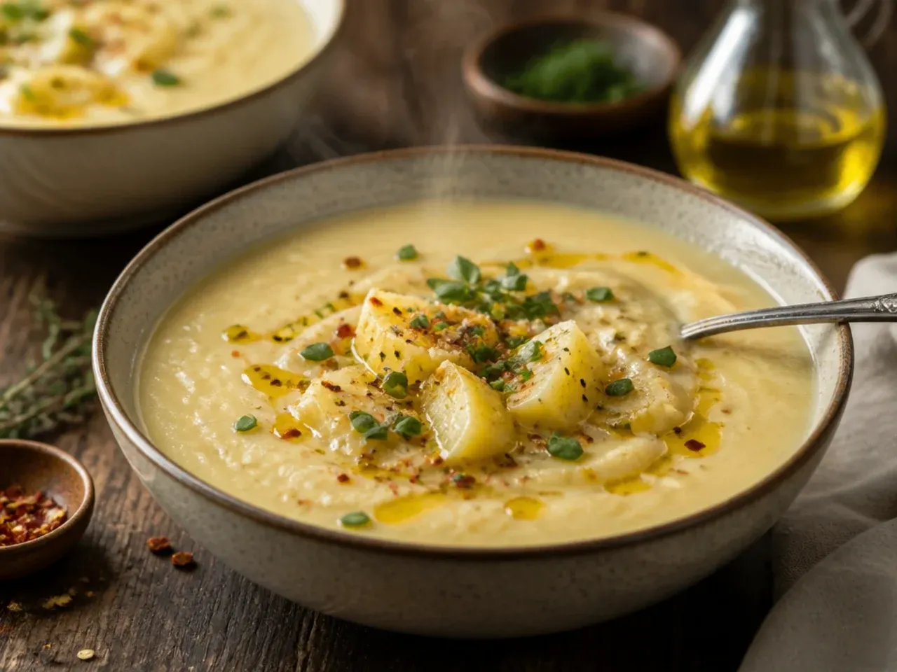 Wooden spoon tasting a ladleful of creamy potato soup