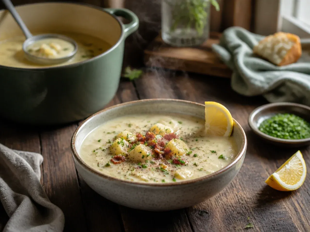 Small spoon of cider vinegar being added to a pot of finished potato soup